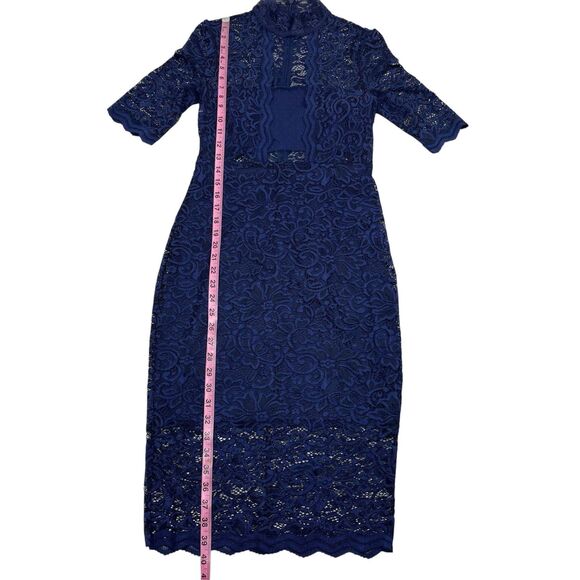 Express Women's Sheath Dress Size 4 Navy Blue Floral Lace Mock Neck Short Sleeve - Picture 9 of 12